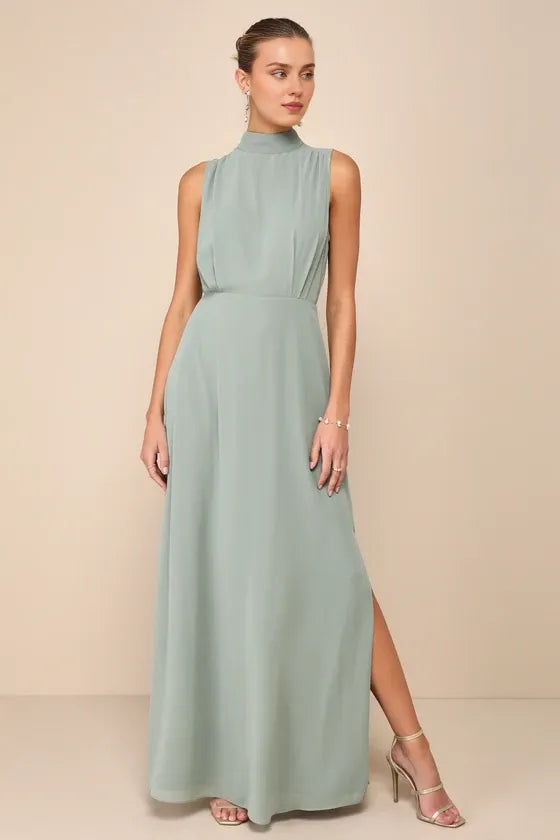 Weitese Formal Women's Dresses Classic Elegance Sage Chiffon Sleeveless Half Hight Neck Maxi Dress Prom Dress Stores